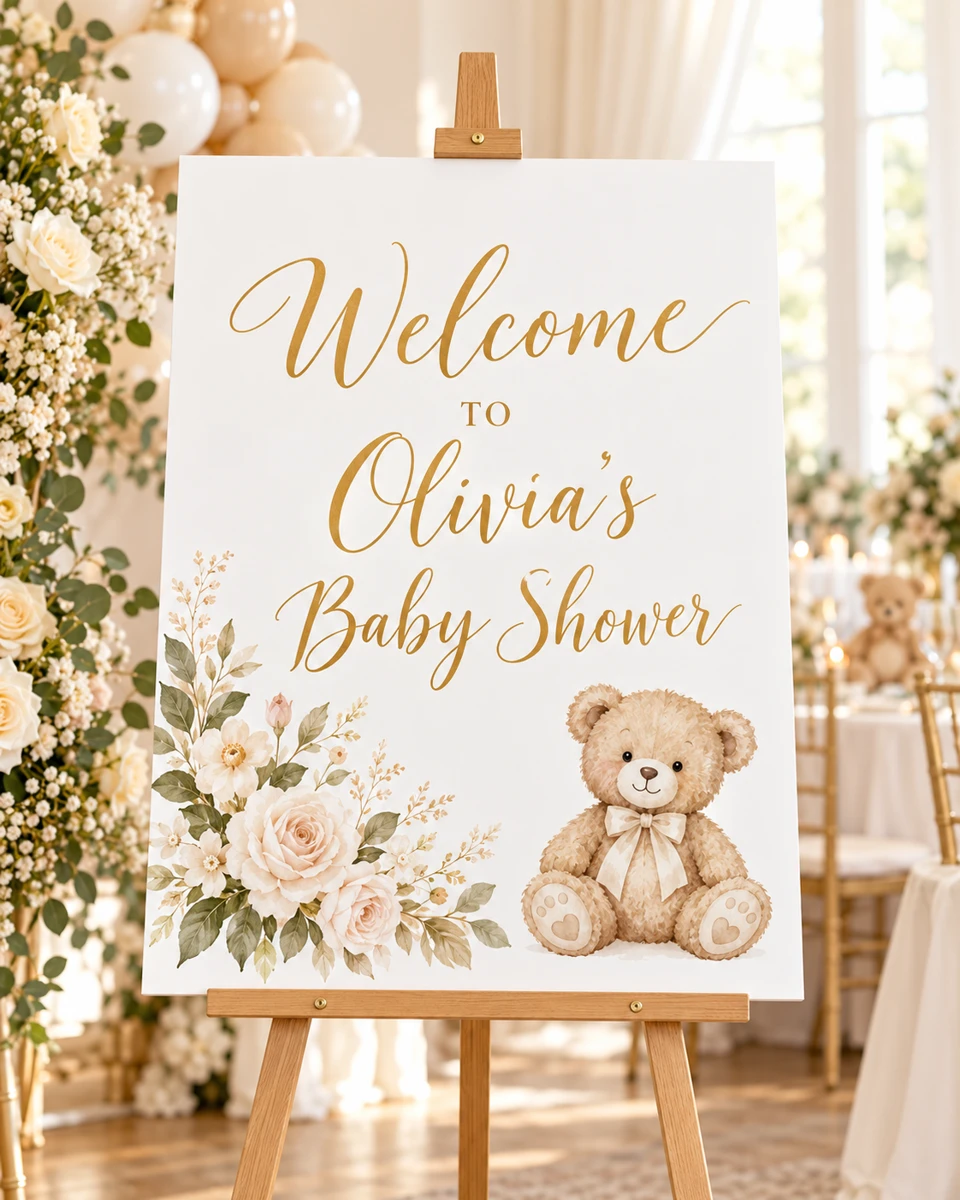 Olivia’s baby shower welcome sign with teddy bear