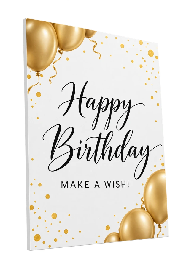 Gold balloon birthday sign with Happy Birthday and Make a Wish lettering