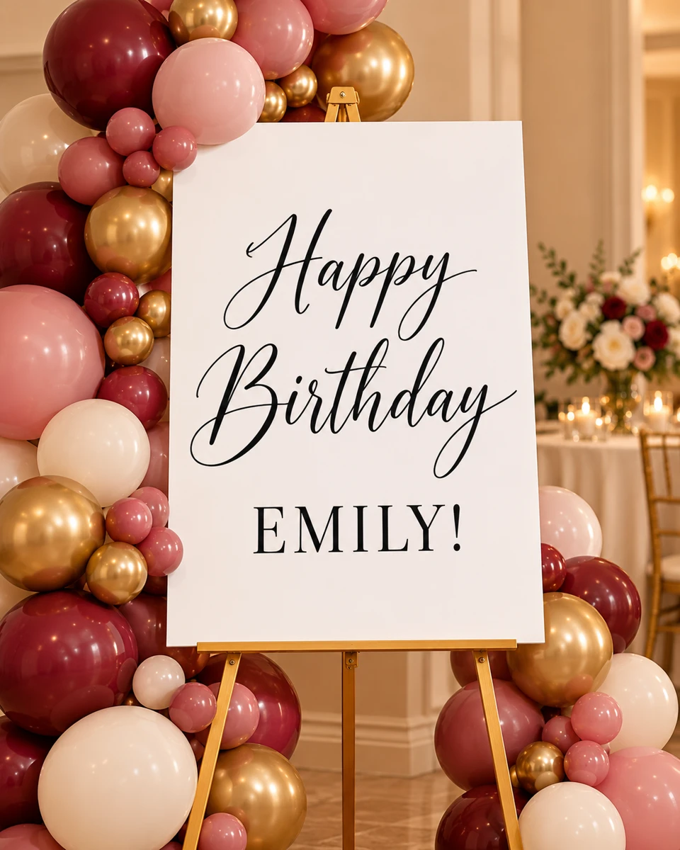 Happy Birthday Emily sign with rose and gold balloons