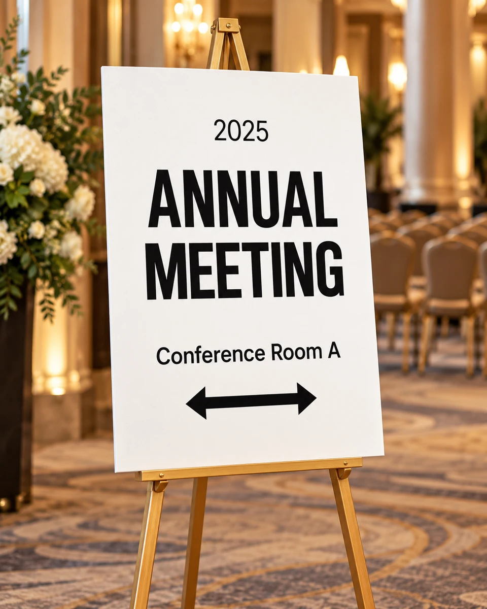 Annual meeting directional foam board sign