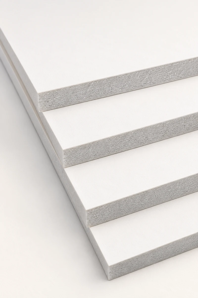 Stacked white foam board sheets showing their lightweight foam core