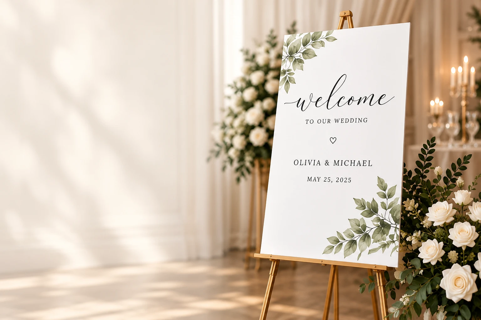 Botanical wedding welcome sign on an easel with white roses and candlelight