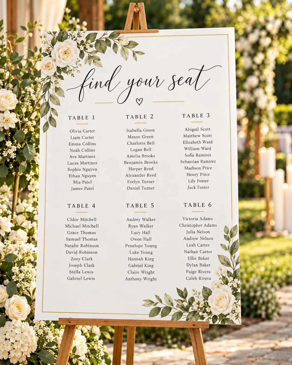 Floral wedding seating chart on an easel