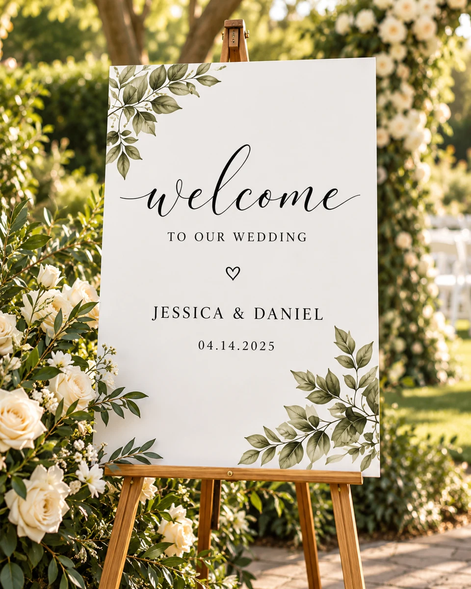 Wedding welcome foam board sign with greenery